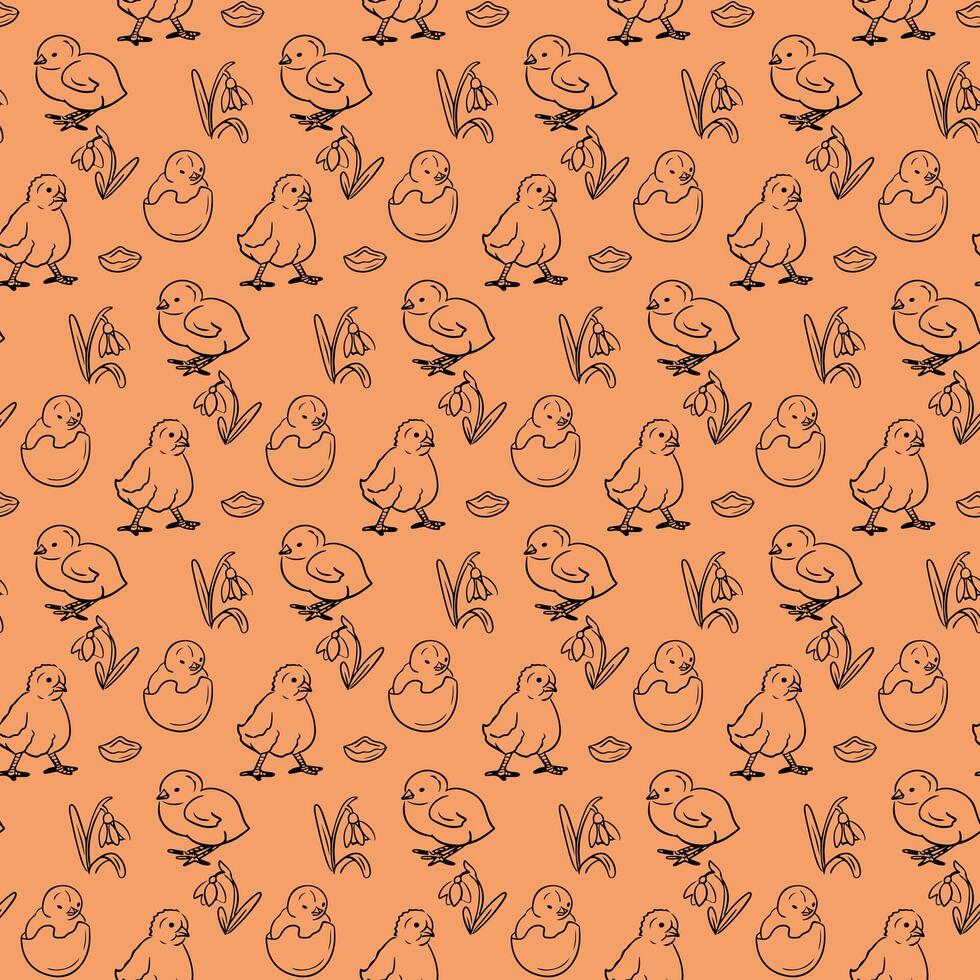 Spring seamless pattern with outline chicks. Black doodle spring snowdrops and chicks on orange color. Spring holiday design for decoration, wrapping, banner vector