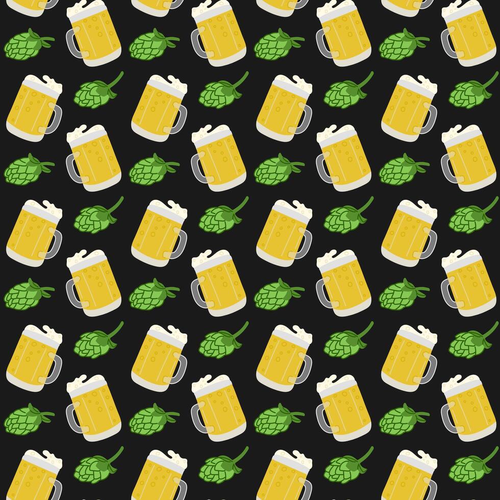 Flat beer mug seamless pattern. Dark theme. Hand drawn beer glass and hops on black background. St Patricks day traditional concept. Unique print design for textile, wallpaper, wrapping vector