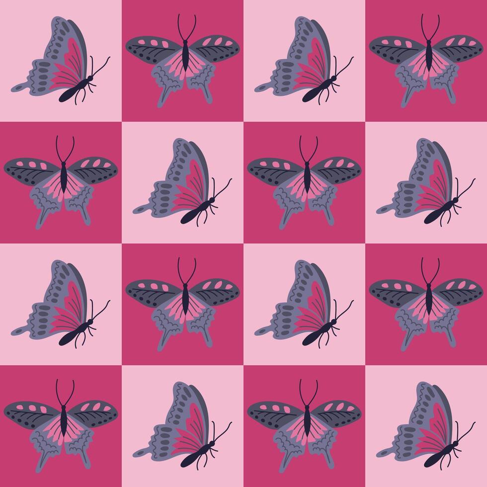 Contrast geometric seamless pattern with butterfly. Flat hand drawn insects in contrast squares. Unique retro print design for textile, wallpaper, interior, wrapping. Spring concept vector