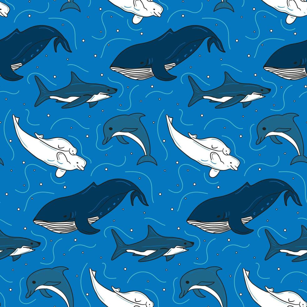 Flat seamless pattern with underwater animals. Contour sketchy animals beluga, dolphin, shark, whale on blue background. Trendy childish print design for textile, wallpaper, wrapping vector