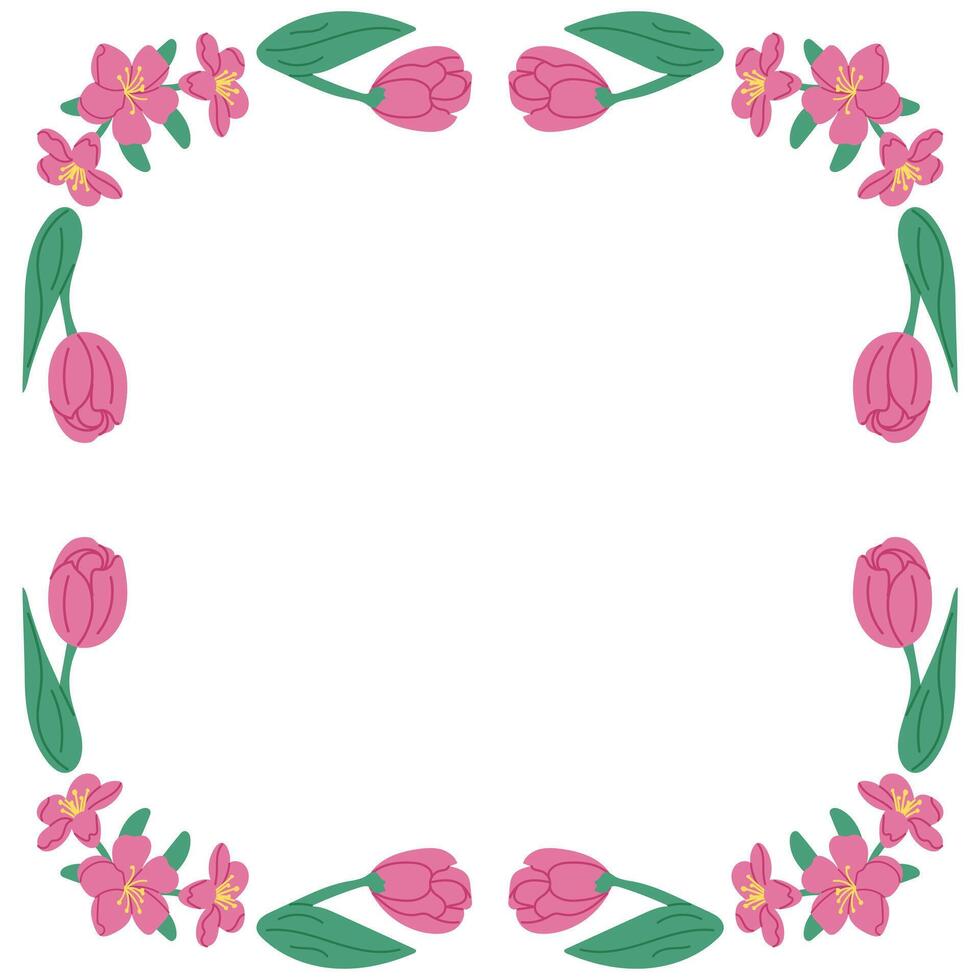 Spring square floral banner template with tulips isolated on white background. Frame template or design print with hand drawn spring flowers. Good for banner, background, social media graphics vector