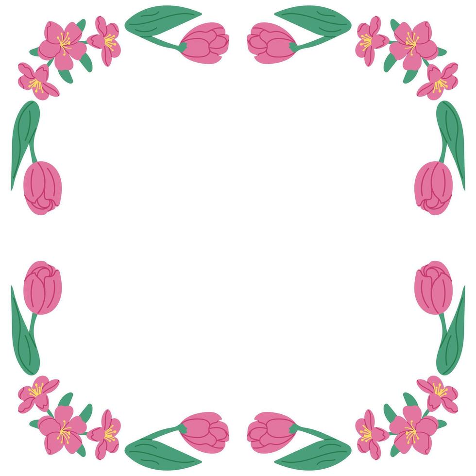 primavera cuadrado floral bandera modelo con tulipanes aislado en blanco antecedentes. marco modelo o diseño impresión con mano dibujado primavera flores bueno para bandera, fondo, social medios de comunicación gráficos vector