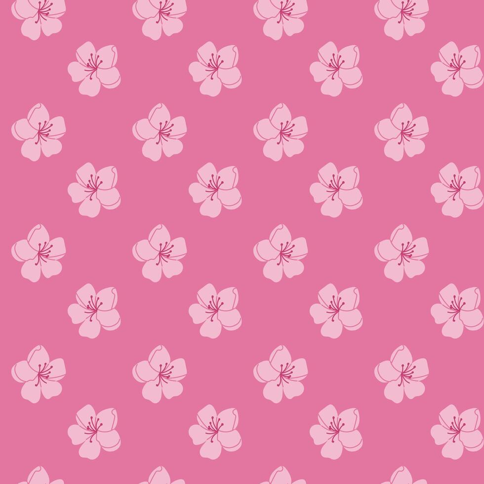 Spring seamless pattern with cherry blossom on pink background. Flat hand drawn colored flowers Unique print design for textile, wallpaper, interior, wrapping vector