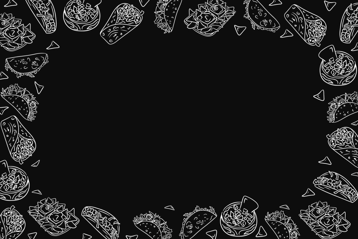 High contrast background with doodle Mexican food. Black and white. Frame template or design print with traditional street food. Good for banner, background, social media graphics vector