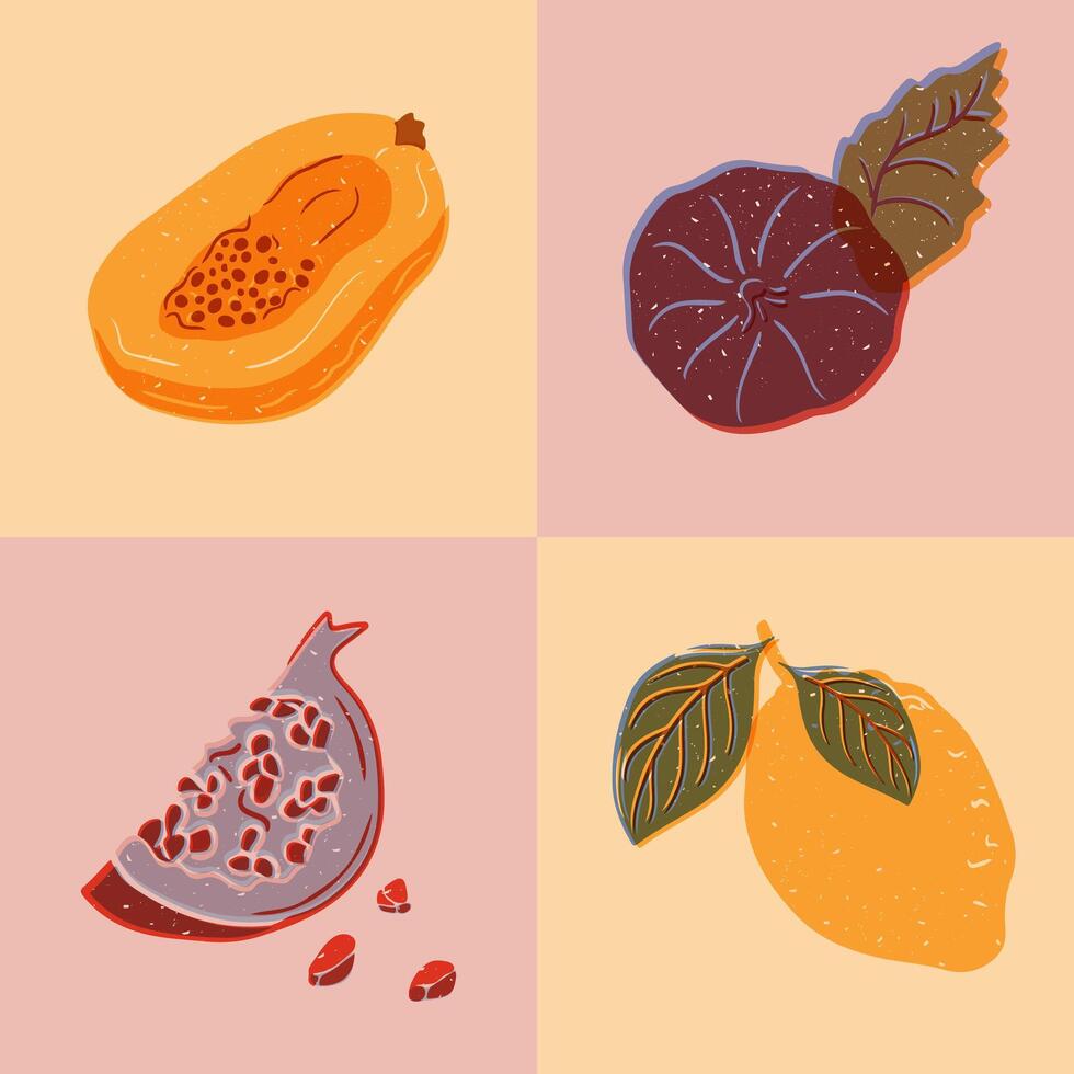 Fruta sin costura modelo con risoprint imitación. retro estilo. sano comida concepto. diferente tropical frutas en contraste cuadrícula. de moda impresión diseño para textil, fondo de pantalla, envase vector