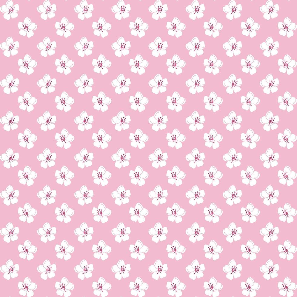 White cherry blossom seamless pattern on pink background. Flat hand drawn flowers. Unique print design for textile, wallpaper, interior, wrapping vector