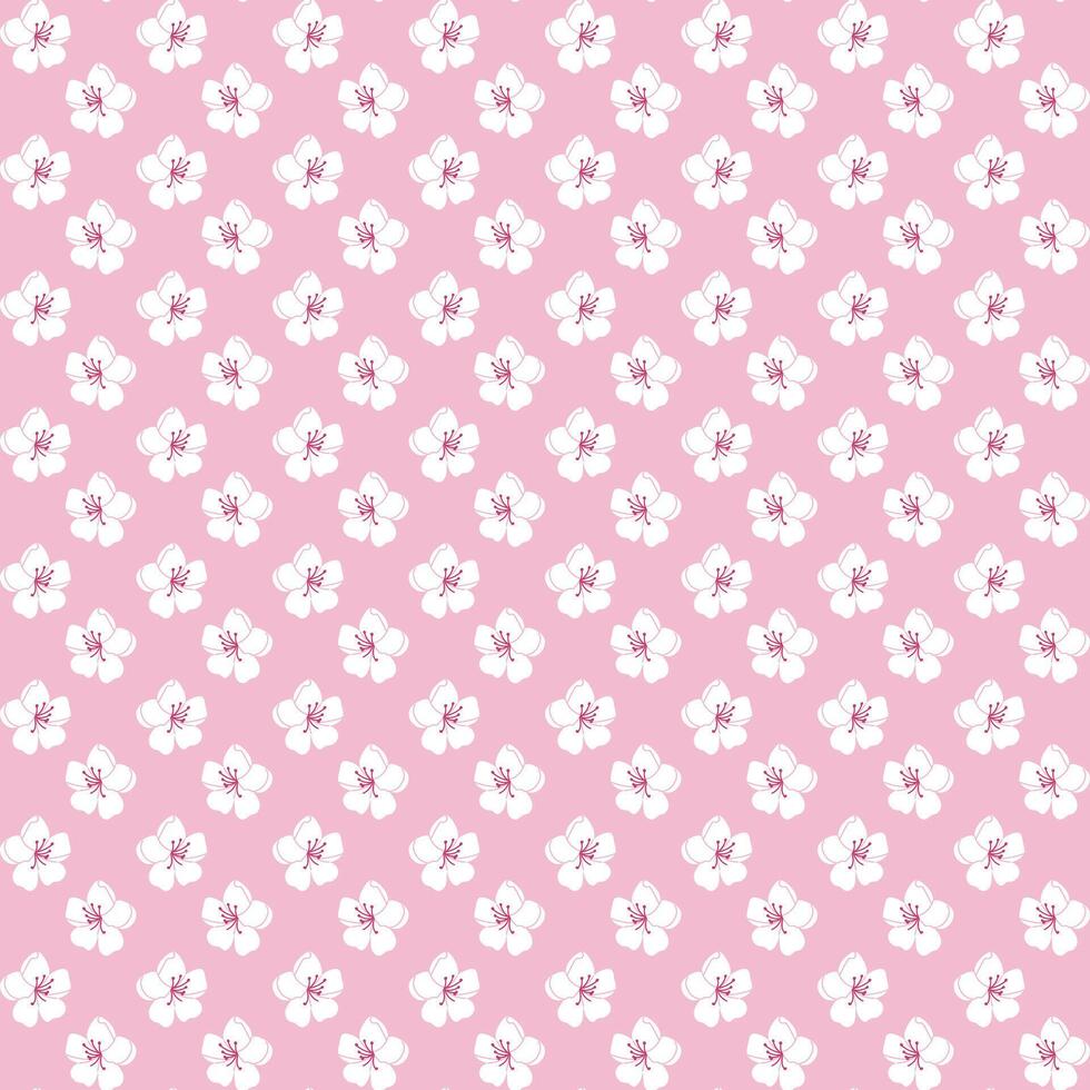 White cherry blossom seamless pattern on pink background. Flat hand drawn flowers. Unique print design for textile, wallpaper, interior, wrapping vector