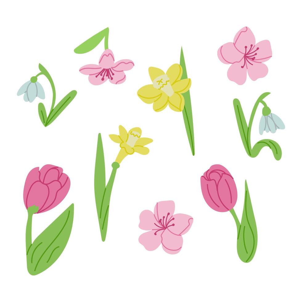 Spring flat collection of hand drawn season flowers. For poster, card, scrapbooking , stickers. Sketchy hand drawn elements on white background. vector