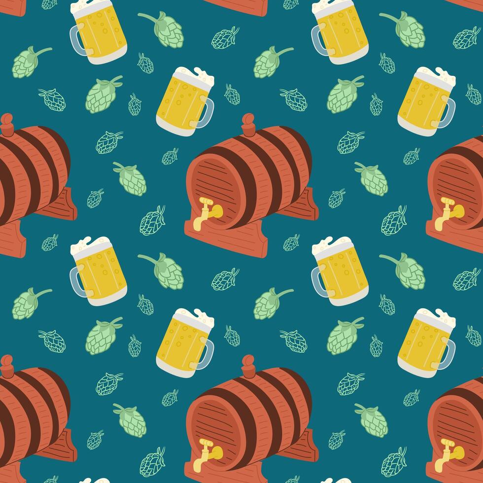 Flat beer items seamless pattern. Hand drawn beer barrel, beer mug and hop plant. St Patricks day traditional concept. Unique print design for textile, wallpaper, wrapping vector