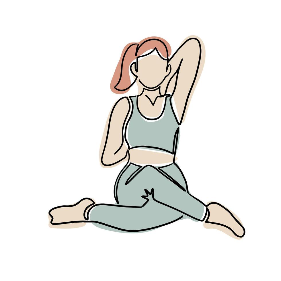 Drawing of young woman in yoga pose in boho style. Hand drawn single line icon of female body doing yoga exercises. Contour vector composition isolated on white background.