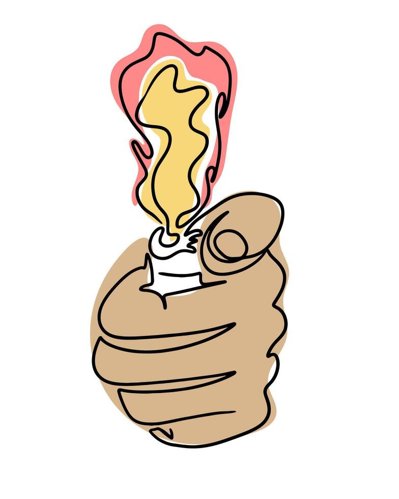 dibujo en boho estilo de mano con fuego. mano dibujado soltero línea icono de humano mano con encendedor. contorno vector composición aislado en blanco antecedentes