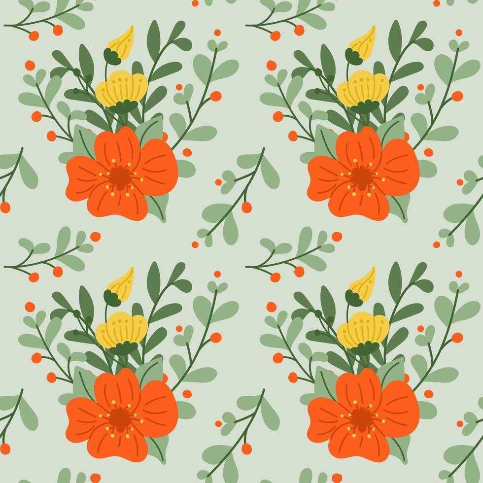Seamless pattern with stylized hand drawn flowers.. Flat hand drawn colored elements on green background. Unique print design for textile, wallpaper, interior, wrapping vector