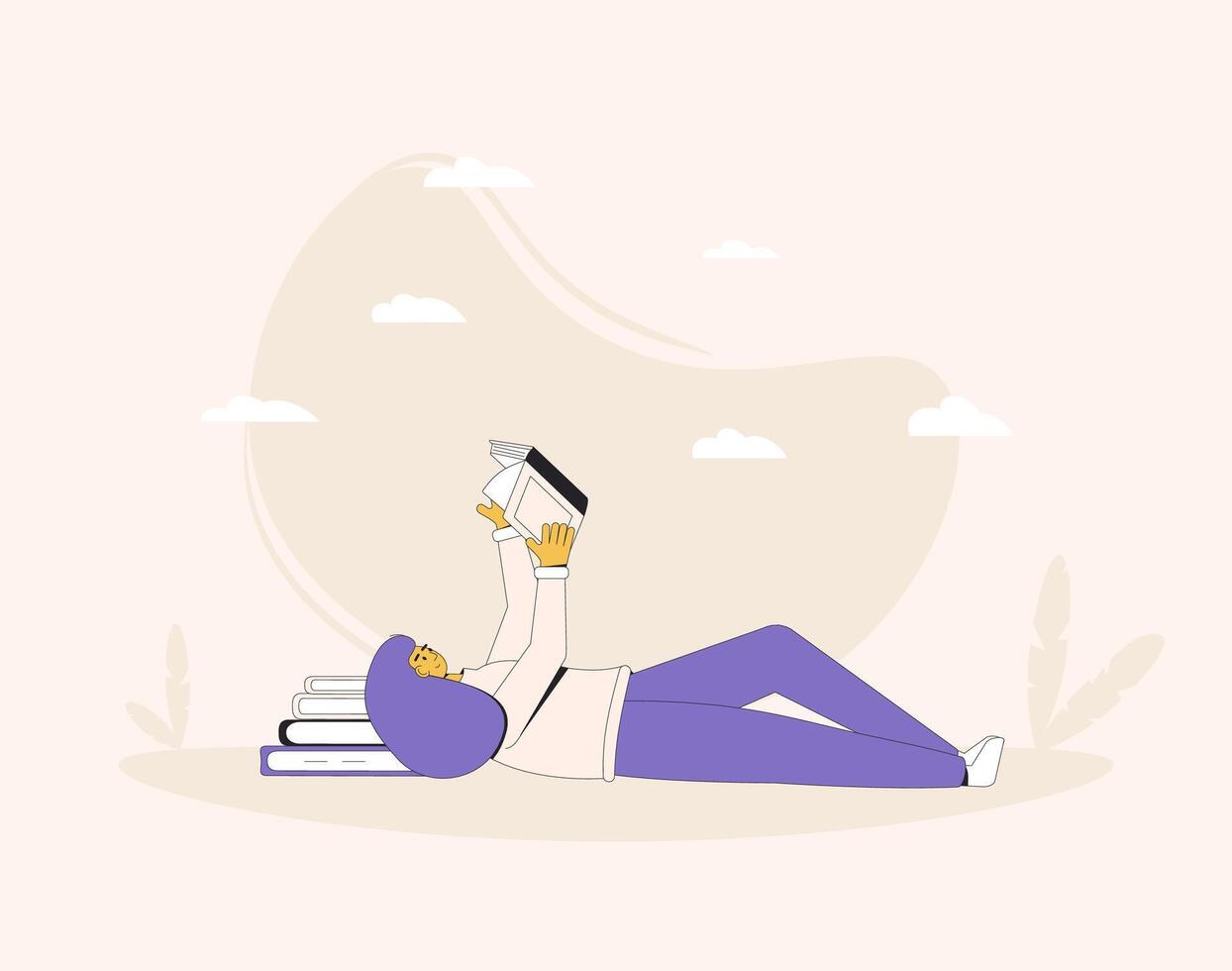 Teenage girl lying with book isolated on white background. Literature fan. Books lover. Young woman reading a novel. Vector illustration.