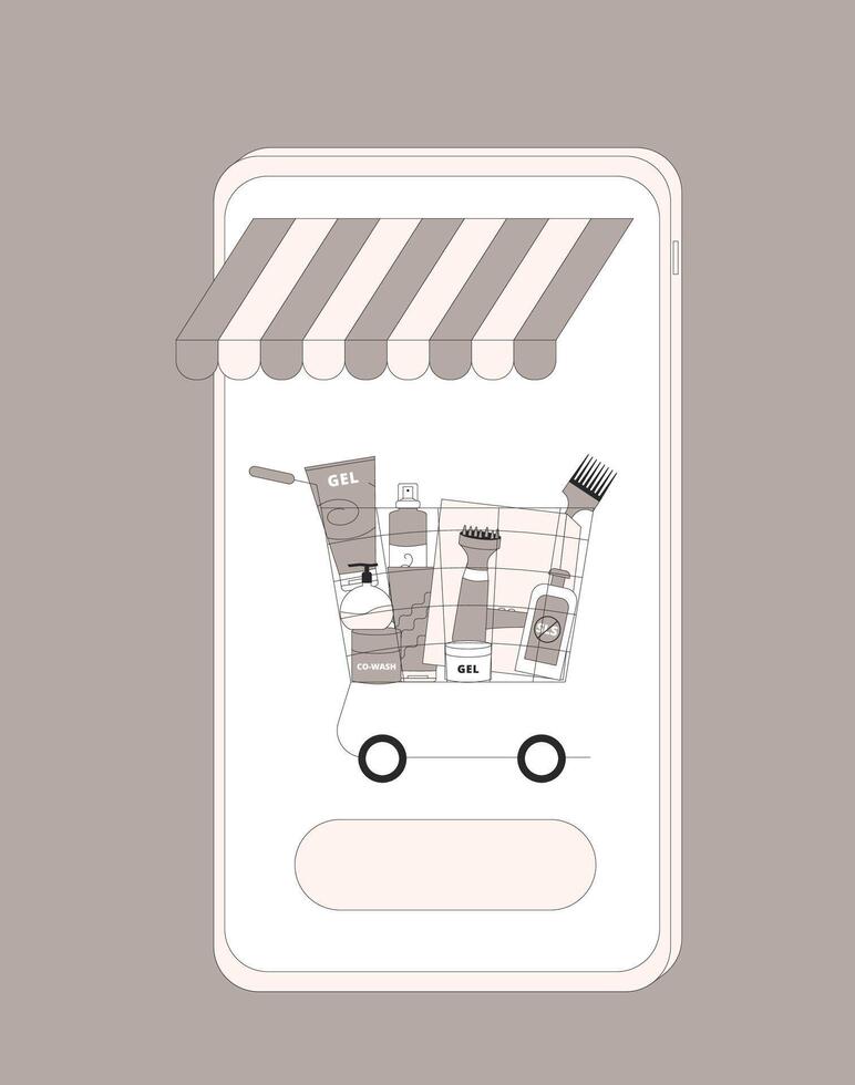 Cosmetics online store. Shopping cart with conditioners, shampoo and hair treatment on smartphone screen. vector