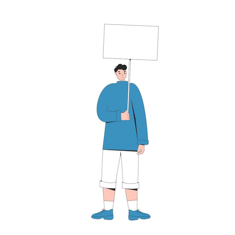 Young man holding blank banner. vector