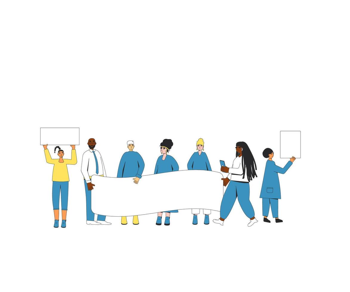 Group of people holding blank banner. vector