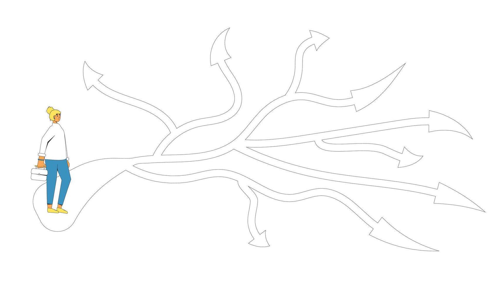 Young woman standing at crossroads. Make a decision. vector
