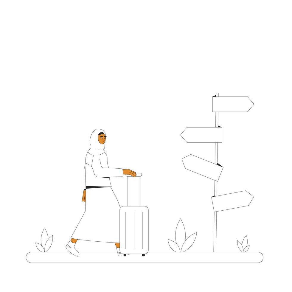 Young woman standing at crossroads with suitcase. Decision. Choose the right way. vector