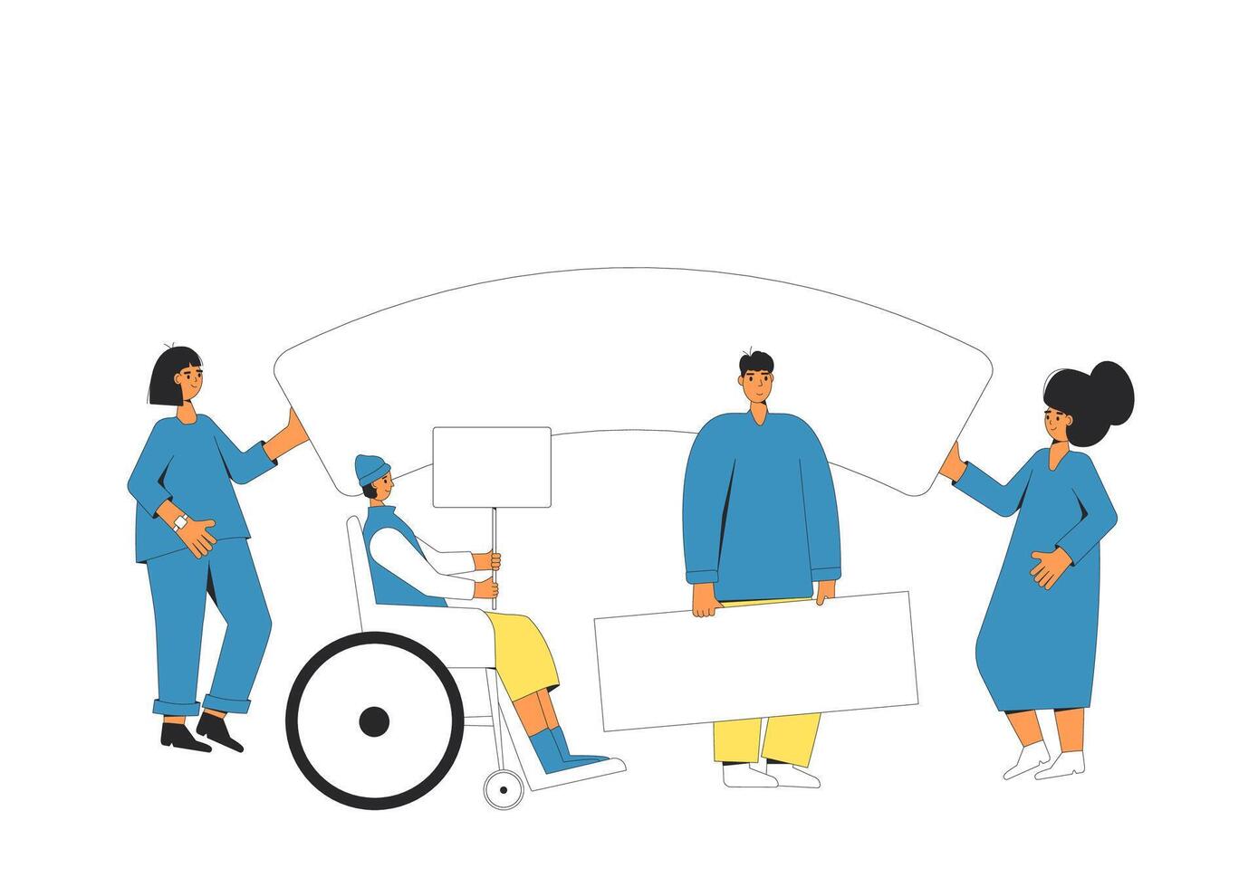 Group of people holding blank banner. vector