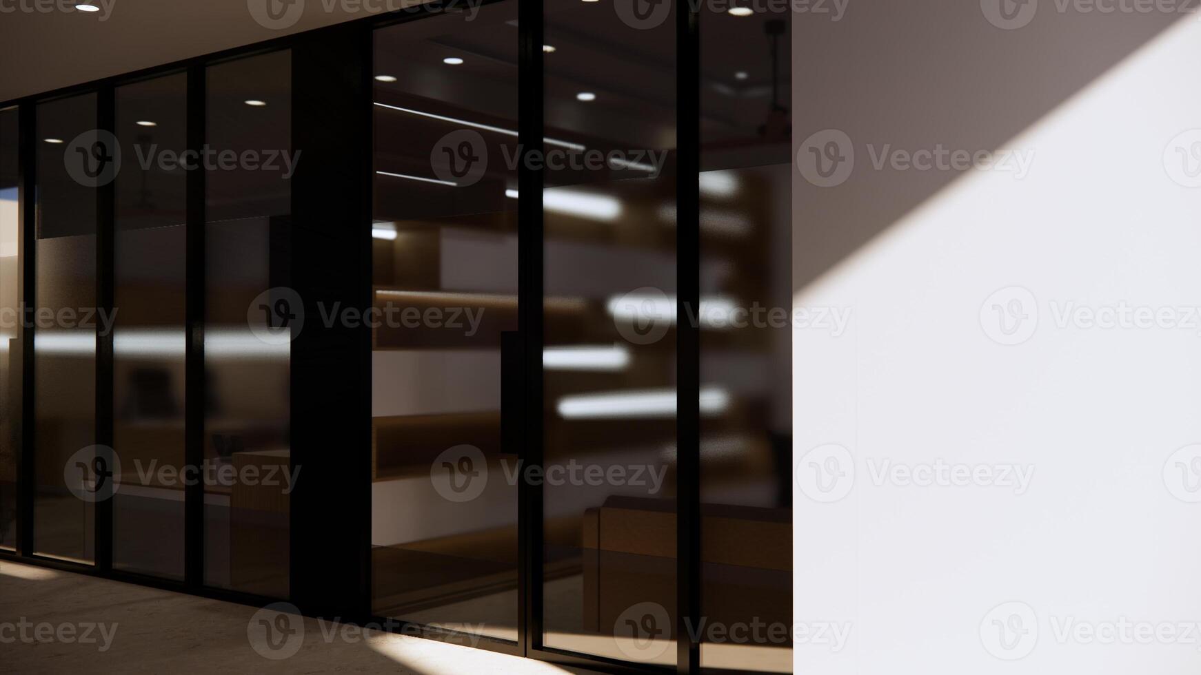 Office interior, stylish open space with gray walls and wood, tiled floor, panoramic window with city view and row of gray and wooden computer desks, hallway with open door. 3D rendering. photo