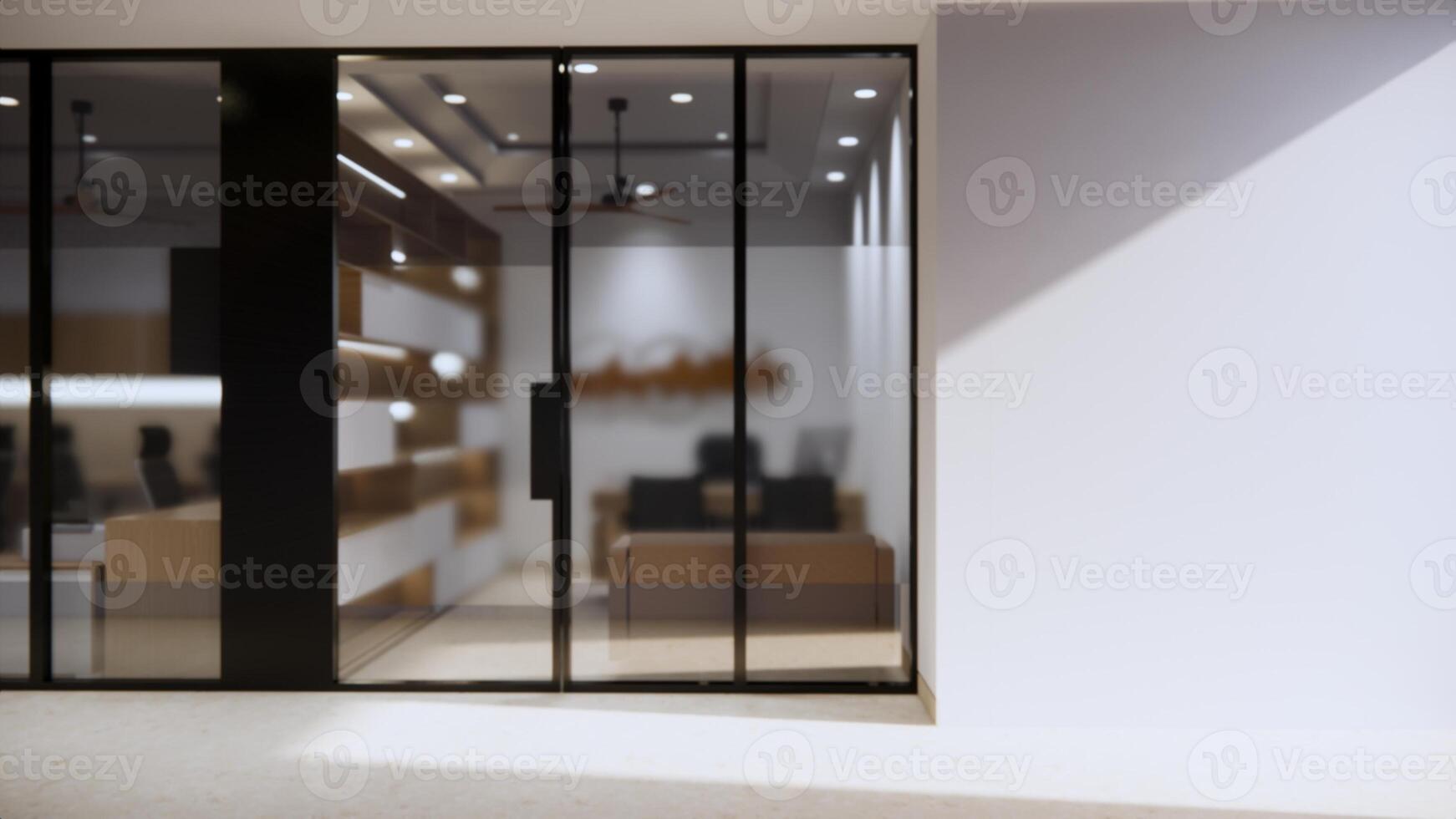 Office interior, stylish open space with gray walls and wood, tiled floor, panoramic window with city view and row of gray and wooden computer desks, hallway with open door. 3D rendering. photo