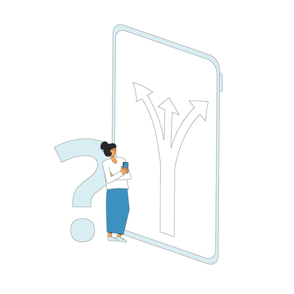 Young woman standing at crossroads on phone screen. Choose the right way. vector