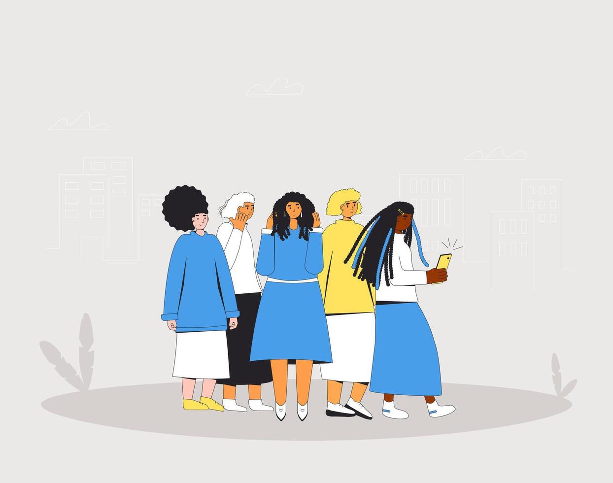 Group selfie. Women with different types of curly hair standing together. vector