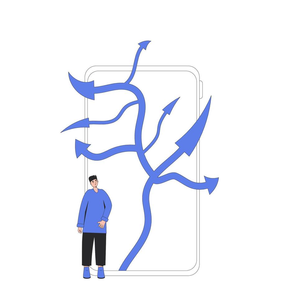 Young man standing at crossroads on phone screen. Decision. Choose the right way. vector