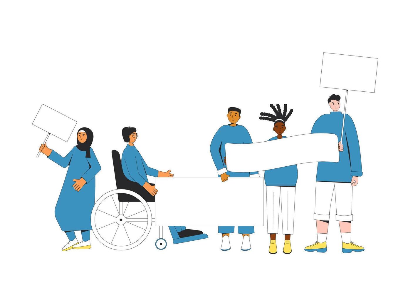 Group of people holding blank banner. vector
