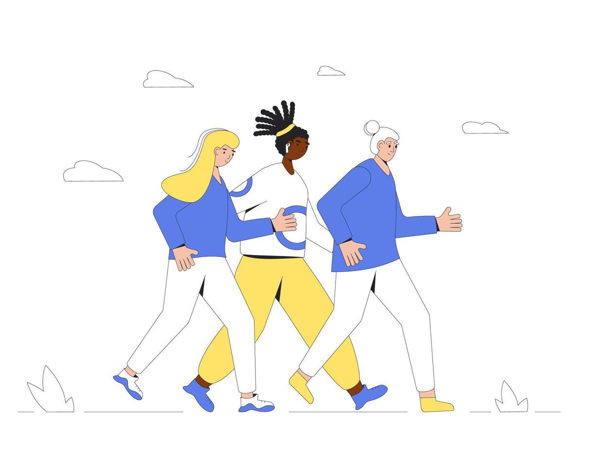 Running women. Different female runners marathon vector