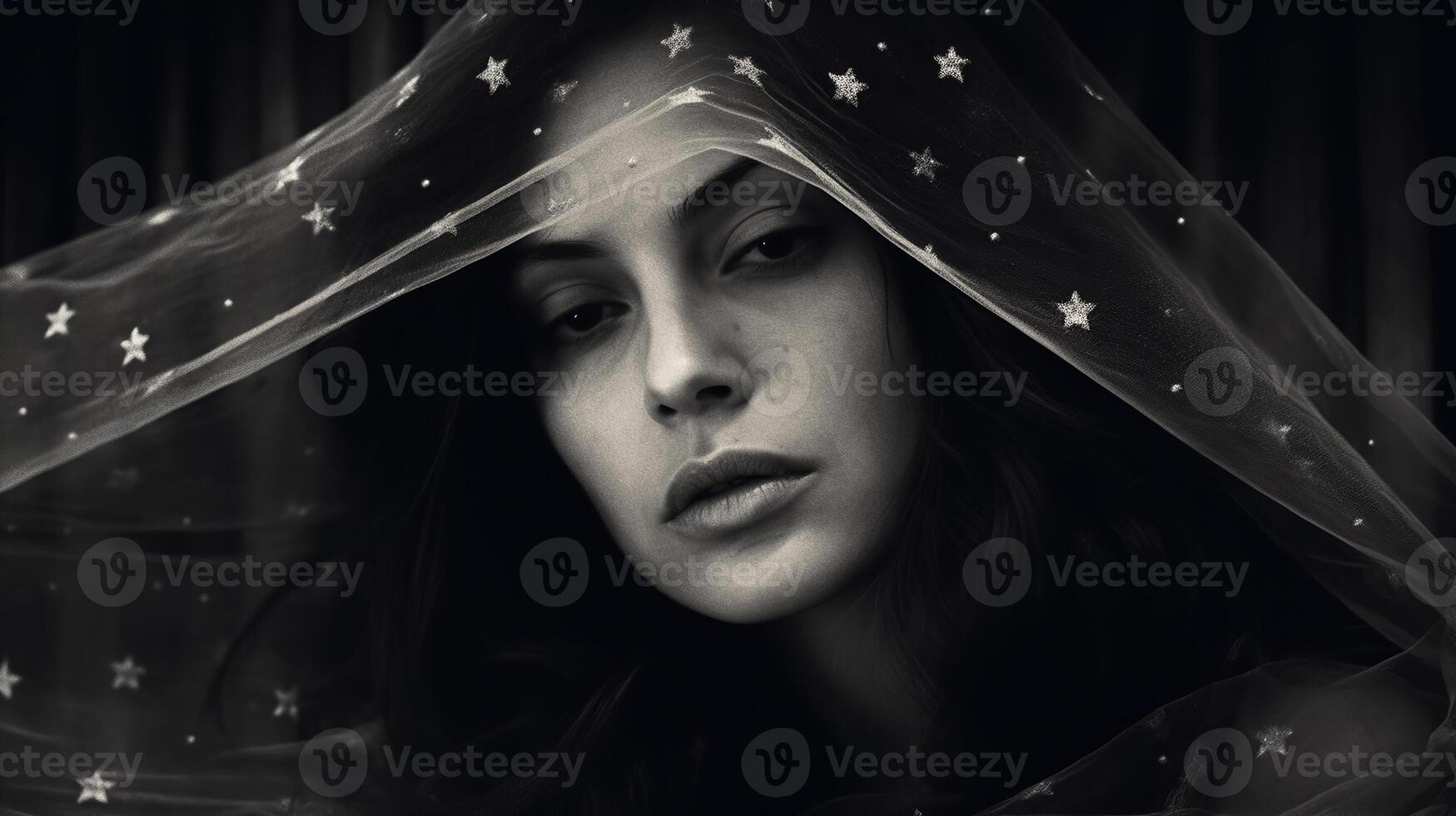 AI generated Beautiful woman, wore the night like a velvet breeze, A mysterious scene surrounded by a dark, starry veil photo