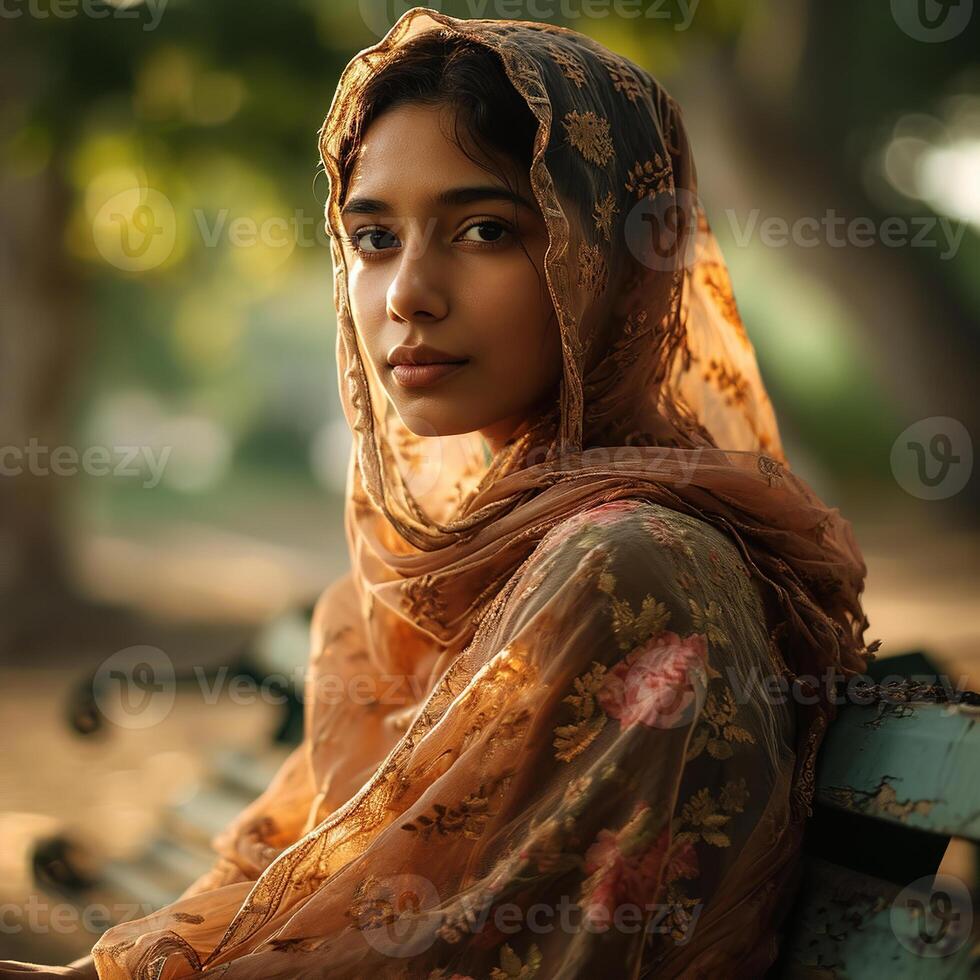 AI generated Pakistani Girl sitting on a bench, draped in an ornate, floral-patterned fabric, in a serene outdoor setting with dappled sunlight photo