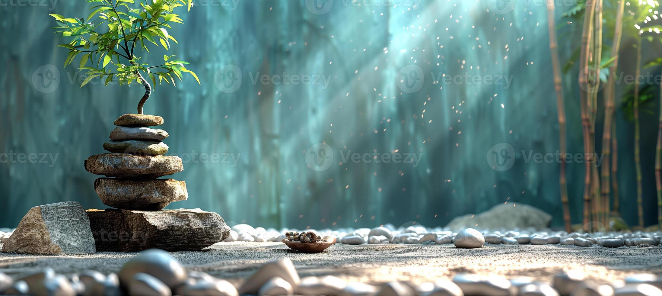 AI generated Background for advertisement, with inspiring meditation elements, tranquil garden scene with a stack of balanced stones, flourishing plant on top, peace and balance atmosphere photo