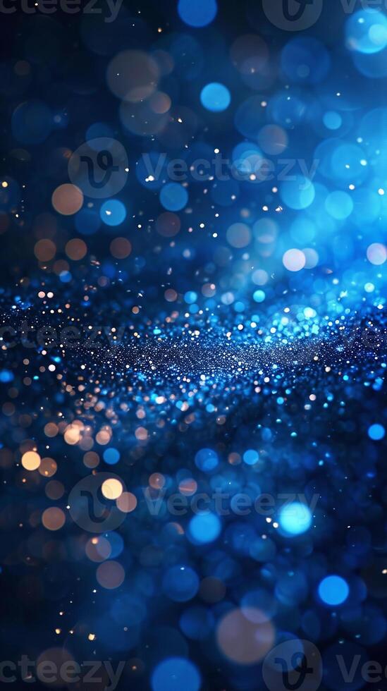 AI generated Blue glow particle, abstract bokeh background, featuring small lights scattered throughout the frame, creating an ethereal atmosphere photo