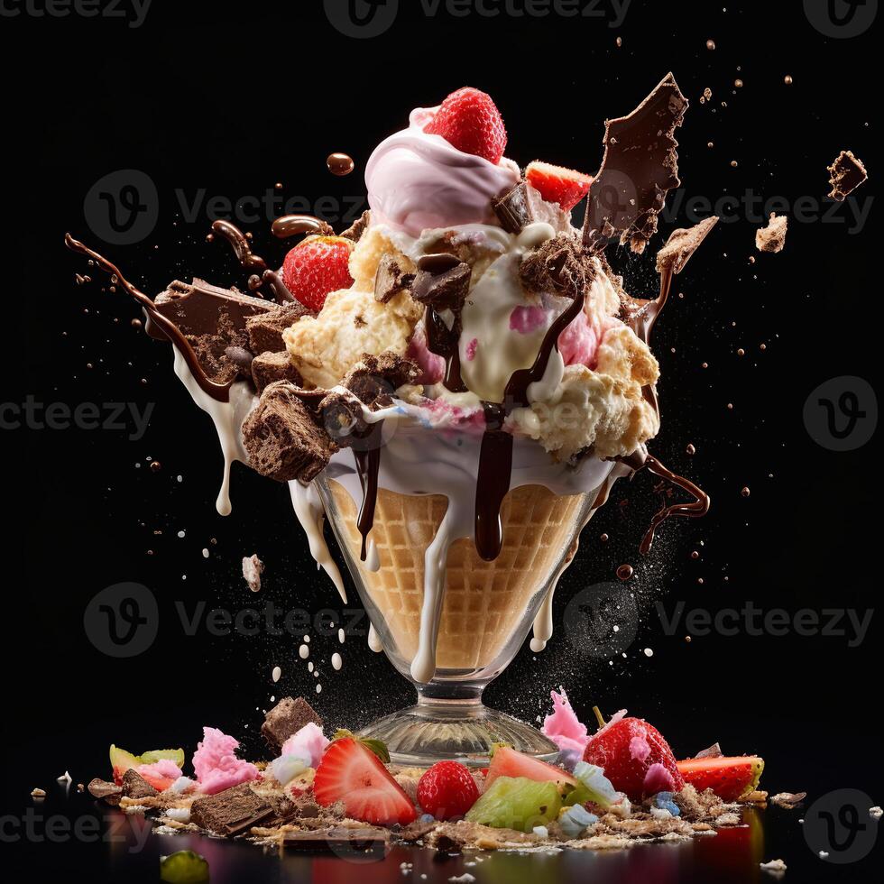 AI generated An exploding view of a sundae, ice cream, strawberries, and chocolate splashing out of the glass photo