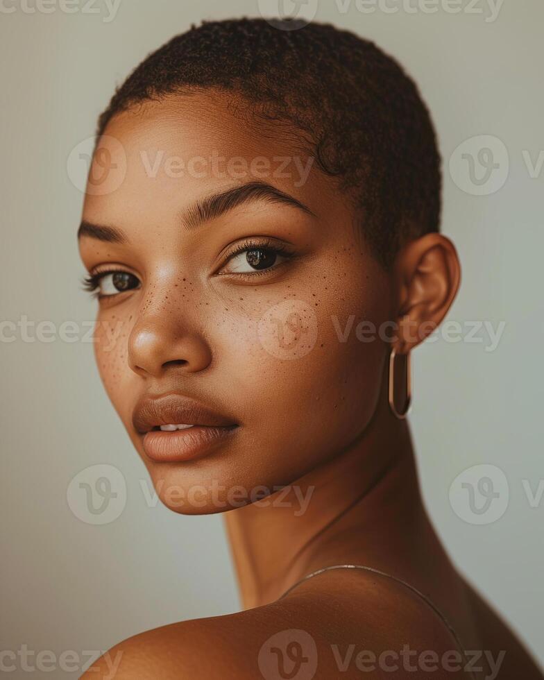 AI generated Close-up shot of a light dark skin woman with very short cropped hair, and a hoop earring photo