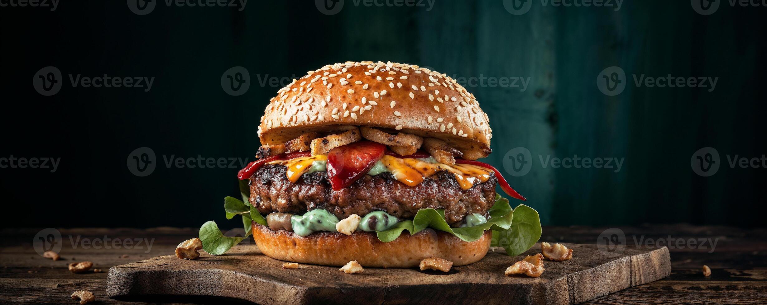 AI generated Delicious looking burger with various toppings, placed on a wooden surface, Burger is stacked with a grilled beef patty, melted cheese, fresh lettuce, and grilled peppers photo