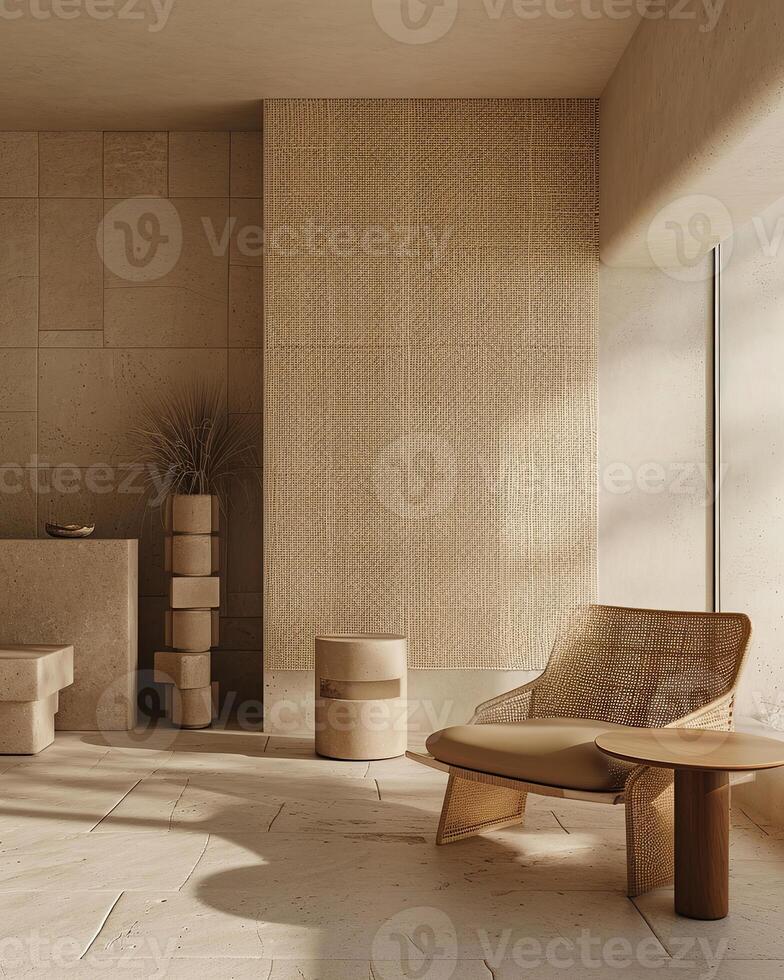 AI generated A modern, minimalist interior with neutral tones, woven wall panel, uniquely designed chair, and a countertop with an integrated sink under a large mirror photo