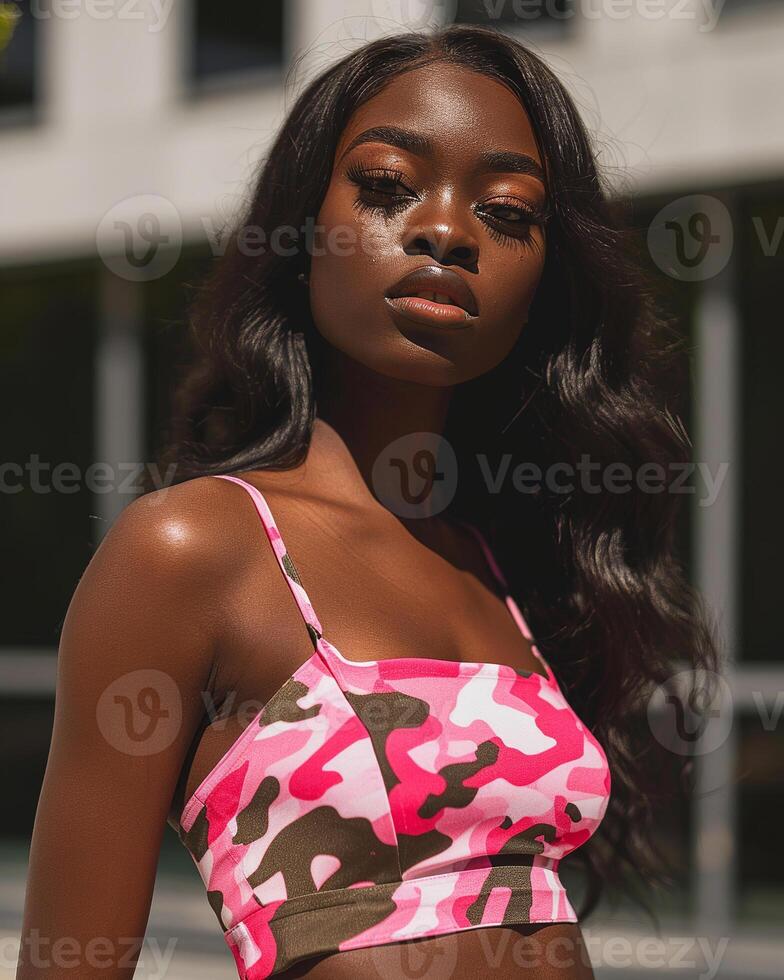 AI generated Black girl, wearing a pink, brown, and white camouflage-patterned top, with a modern building with large windows in the background photo
