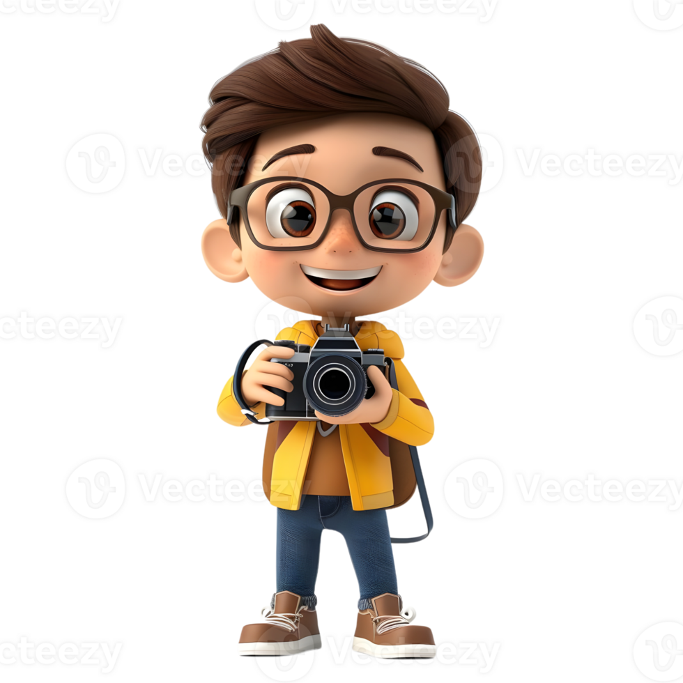 AI generated 3D Rendering of a Cartoon of Traveler Boy Having DSLR Camera in Hands on Transparent Background - Ai Generated png