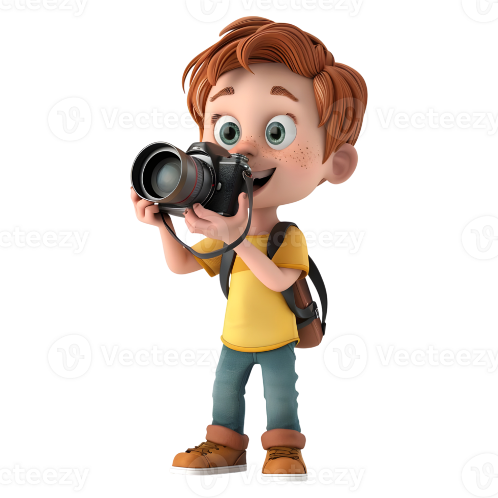 AI generated 3D Rendering of a Cartoon of Traveler Boy Having DSLR Camera in Hands on Transparent Background - Ai Generated png