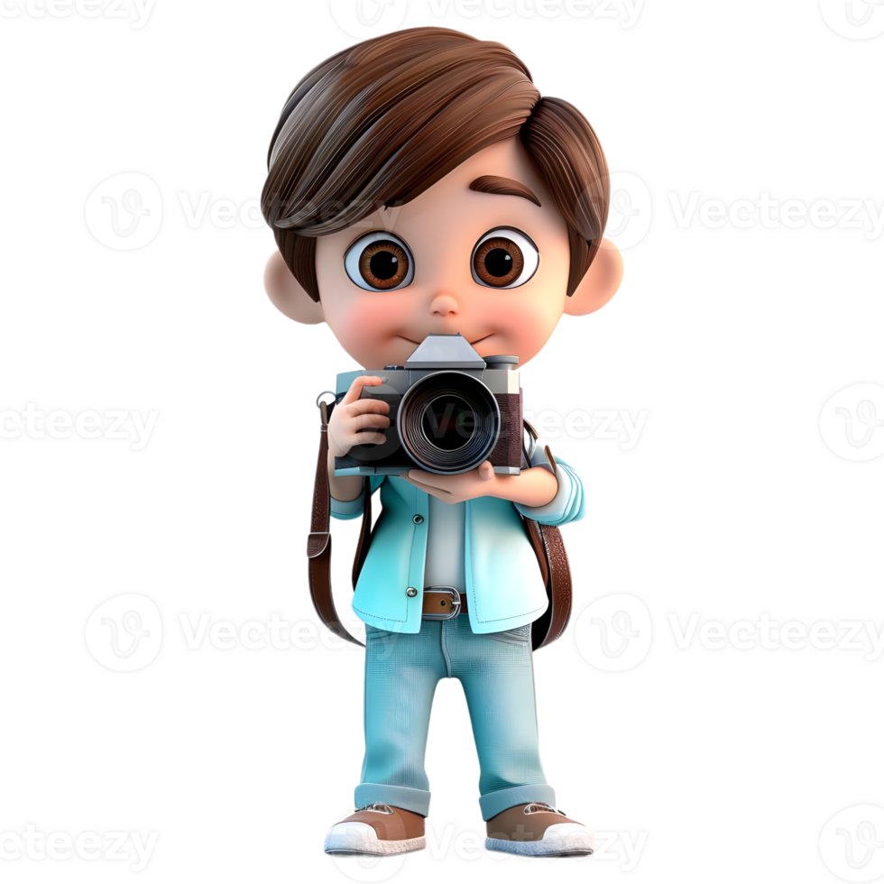 AI generated 3D Rendering of a Cartoon of Traveler Boy Having DSLR Camera in Hands on Transparent Background - Ai Generated png