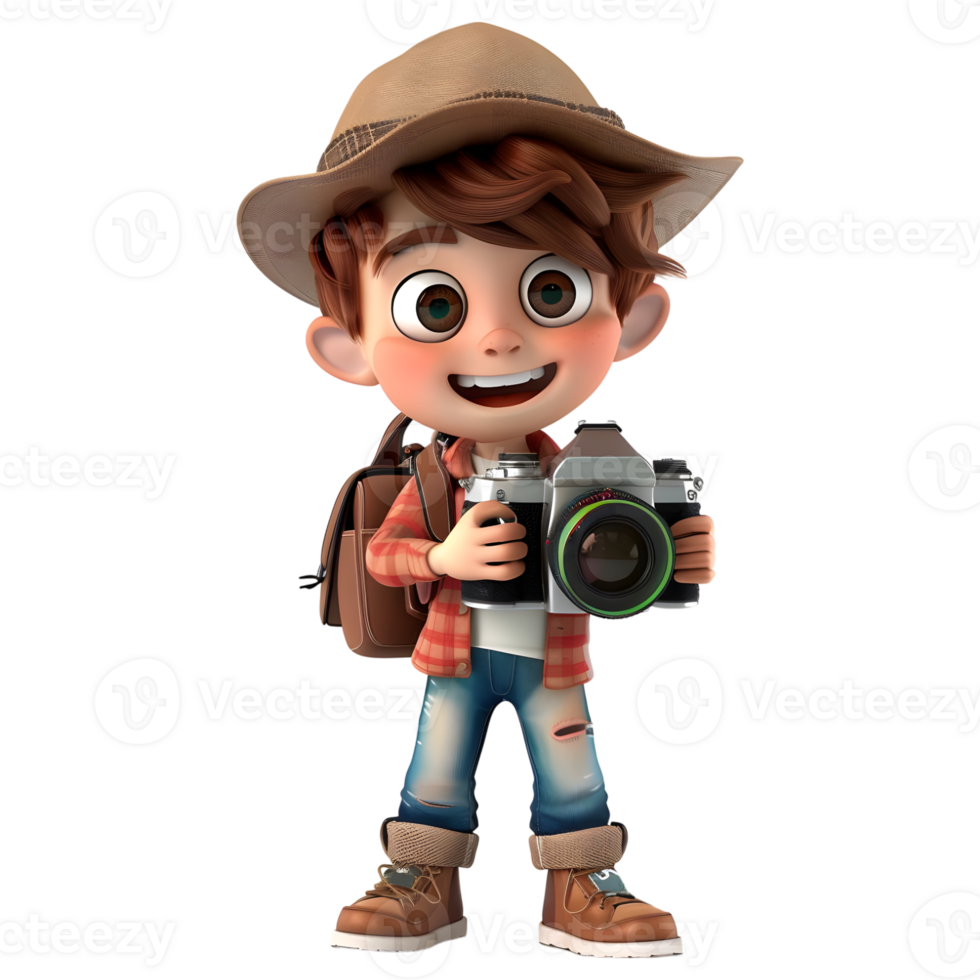 AI generated 3D Rendering of a Cartoon of Traveler Boy Having DSLR Camera in Hands on Transparent Background - Ai Generated png