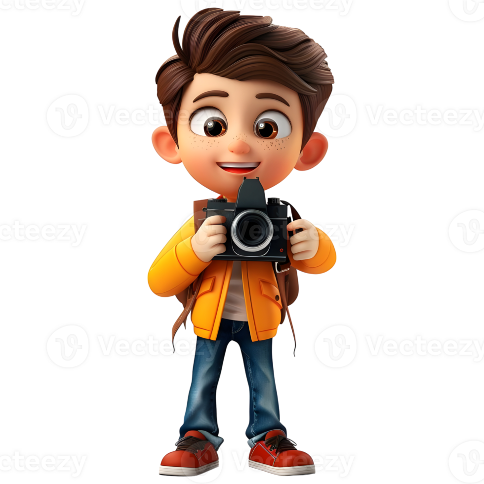 AI generated 3D Rendering of a Cartoon of Traveler Boy Having DSLR Camera in Hands on Transparent Background - Ai Generated png