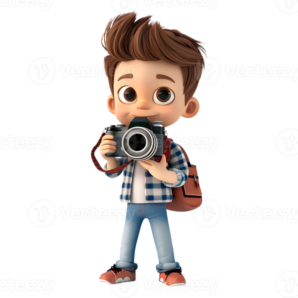 AI generated 3D Rendering of a Cartoon of Traveler Boy Having DSLR Camera in Hands on Transparent Background - Ai Generated png