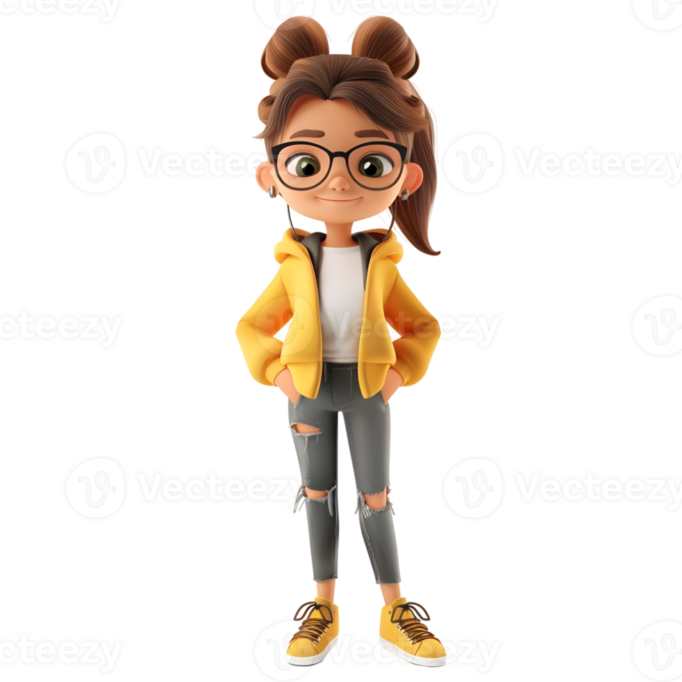 AI generated 3D Rendering of a Cartoon of Girl Having Hands in Pocket Standing on Transparent Background - Ai Generated png