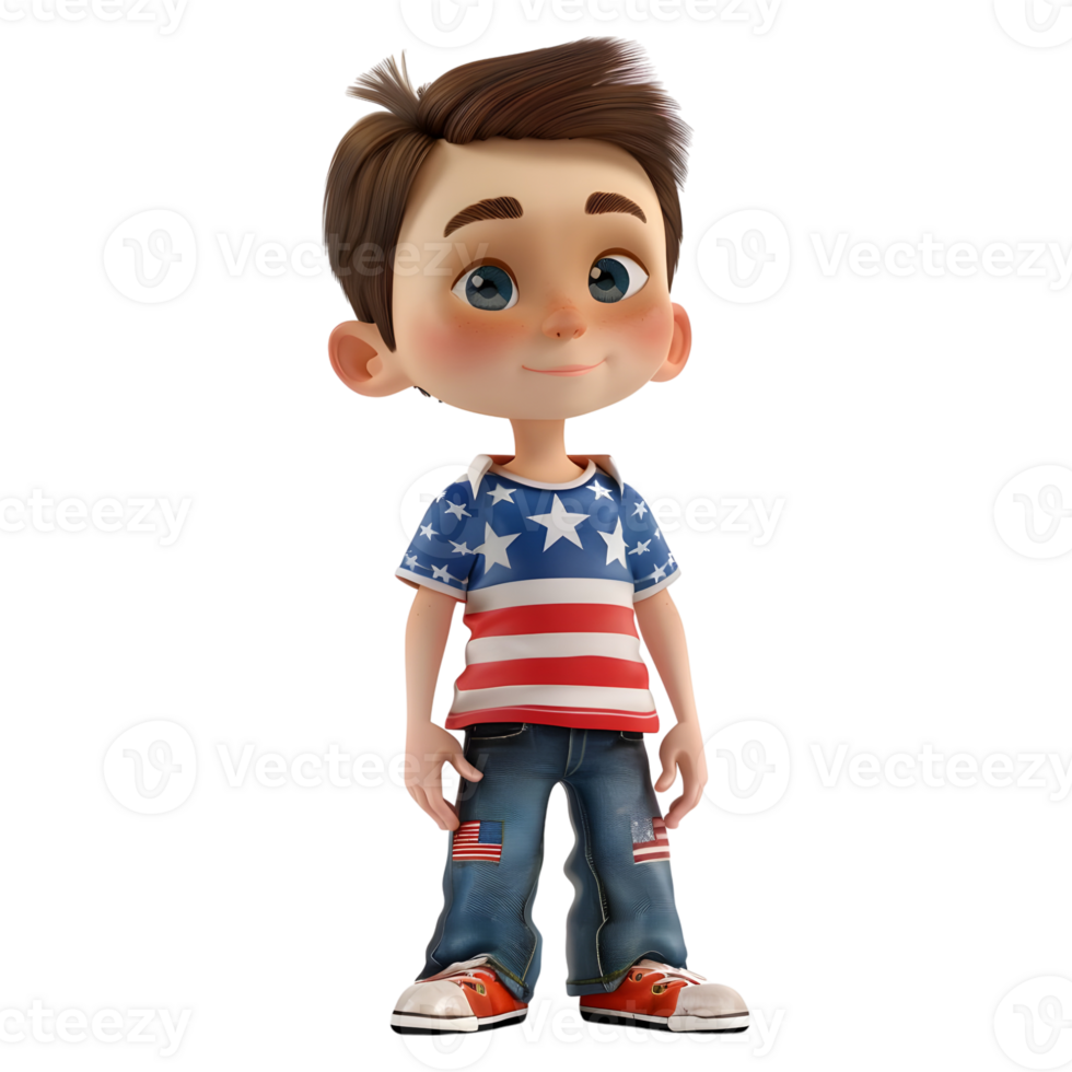 AI generated 3D Rendering of a Cartoon of Boy Wearing American Flag Shirt on Transparent Background - Ai Generated png