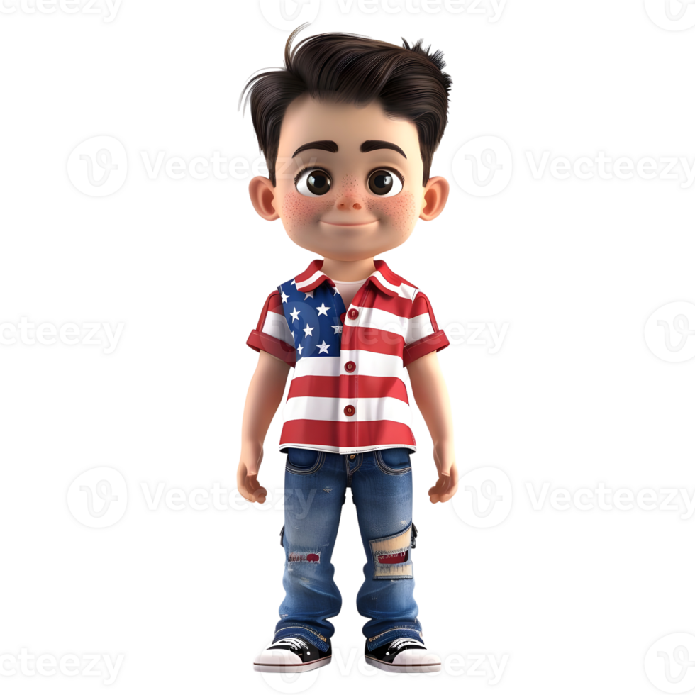 AI generated 3D Rendering of a Cartoon of Boy Wearing American Flag Shirt on Transparent Background - Ai Generated png