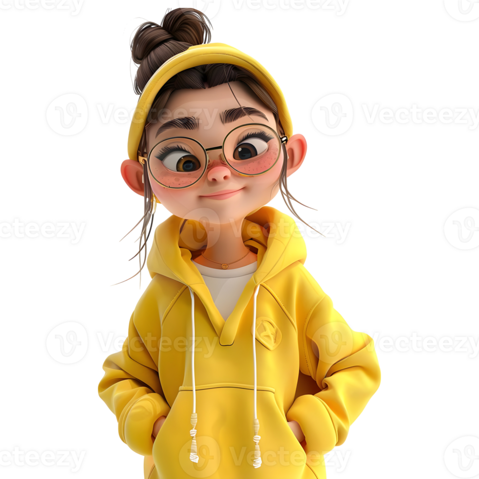 AI generated 3D Rendering of a Cartoon of Girl Having Hands in Pocket Standing on Transparent Background - Ai Generated png
