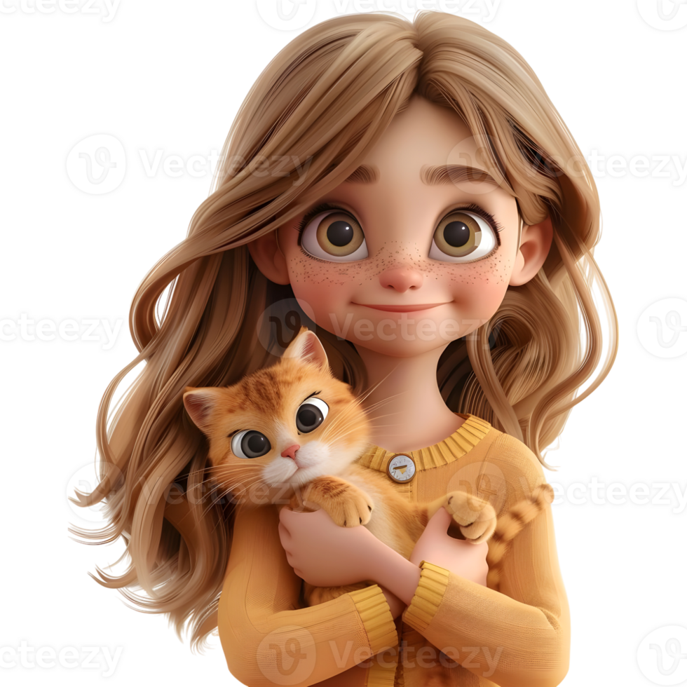 AI generated 3D Rendering of a Cartoon of Girl playing With Cat on Transparent Background - Ai Generated png